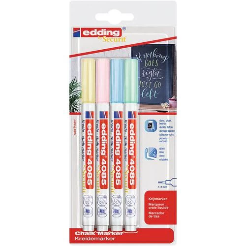 Securit 4085 Liquid Chalk Marker With Fine Tip - Pack Of 4 Assorted Pastel Colours - EDDING 1 Securit 4085 Liquid Chalk Marker With Fine Tip - Pack Of 4 Assorted Pastel Colours - EDDING